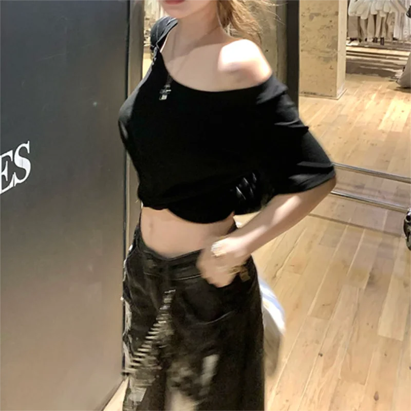 Summer Sexy Off-Shoulder Hot Girl Short Top Women T Shirt Slim Basic Solid Crop Top Short Sleeve Casual T-shirt Design Sense