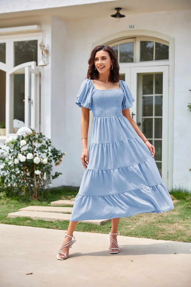 2026 Spring Summer Elegant Women's Long Dress Fashionable Solid Color Square Neck Puff Sleeve Pleated Slim Fit Loose Hem Dress