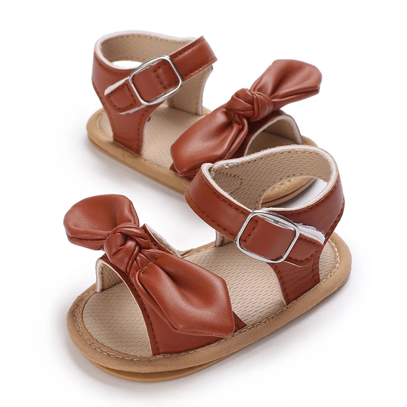 Brown Summer 0-18M Newborn Sandals Cute Bow Soft Rubber Sole Anti Slip Breathable Baby's First Pair Of Walking Shoes