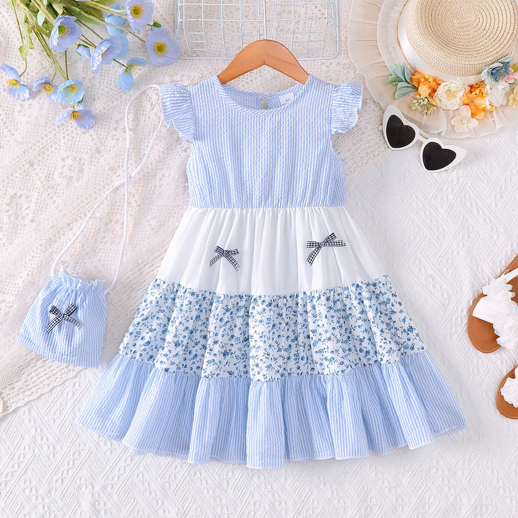 2Pcs/Set Summer Girls' Dress with Striped Small Floral Patchwork Design Dress+Mini Bag Set, Fashion Dress for Girls 2-7 Years