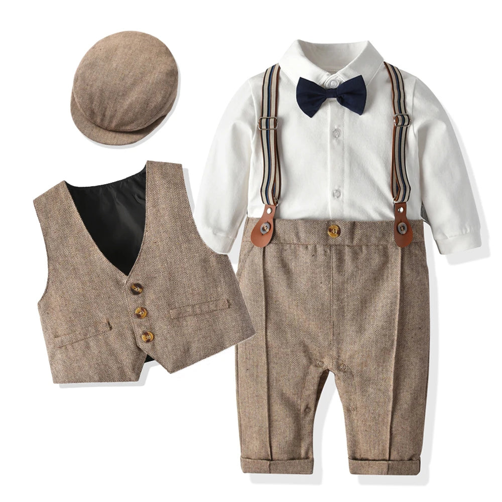 Newborn Baby Boy Formal Suit  Party Birthday Wedding Toddler Boys Outfit  Jumpsuit+Waistcoat+Beret+Bowtie+Suspender 0-3 Months