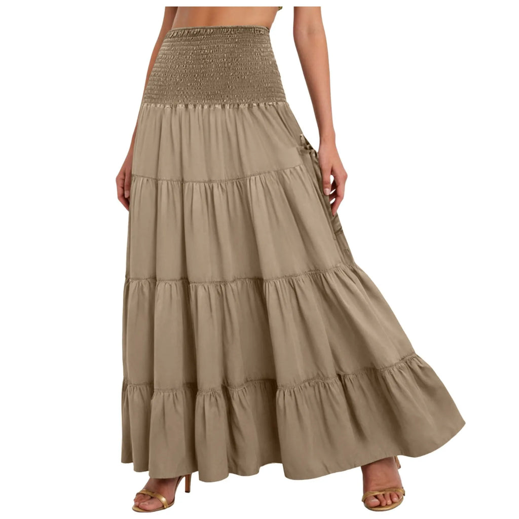 Boho Tiered A-Line Skirt Women Forest Fairy Pockets Patchwork Long Dress Elastic Waist Vintage Hippie Gypsy Maxi Skirt 스커트