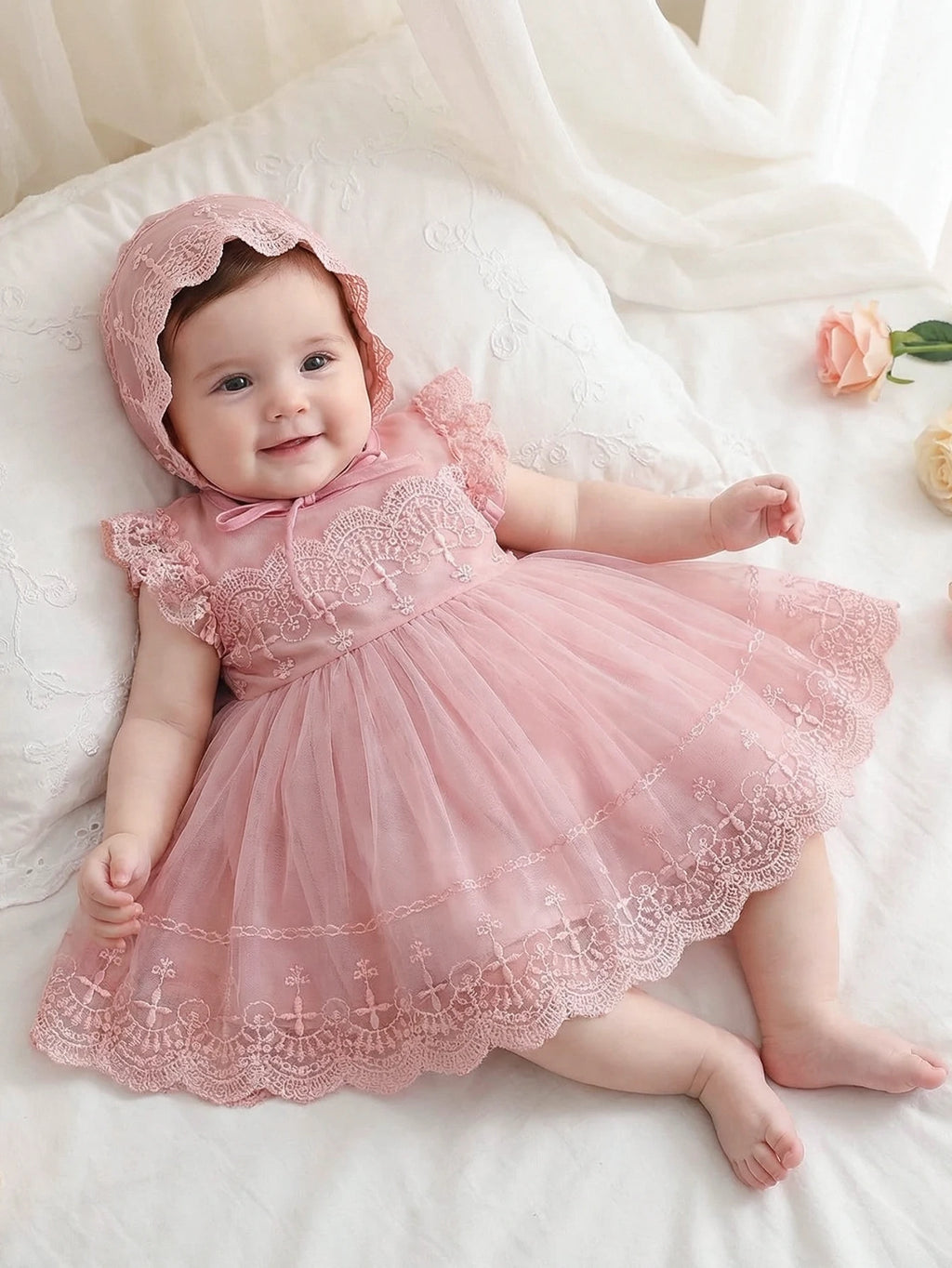 Baby Girl 0-2 Years Old Baby Wine Red Baptism Dress,Lace Net Skirt,Princess Dress,Wedding Flower Girl Dress,Birthday,With Hat