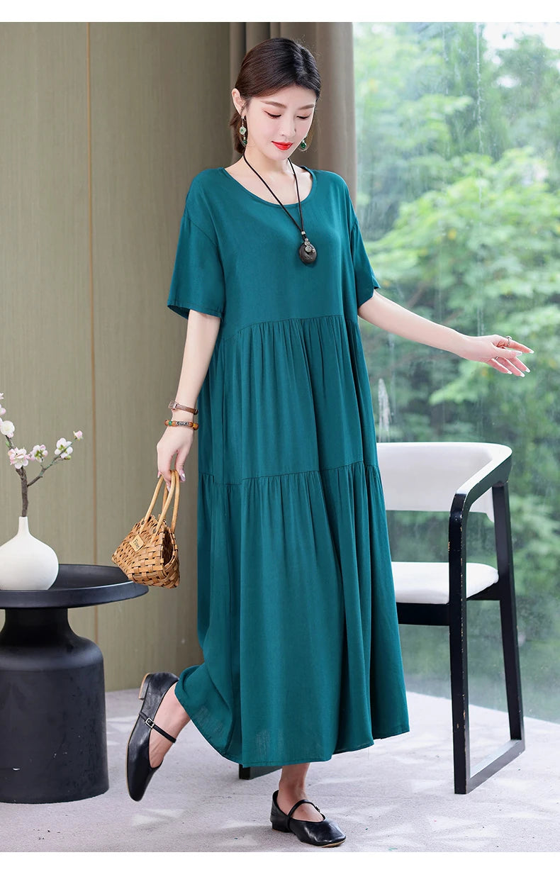 New Fashion 2023 Causal Summer Dresses For Women Loose Solid Long O-neck Dress Vintage Short Sleeve Womens Clothing