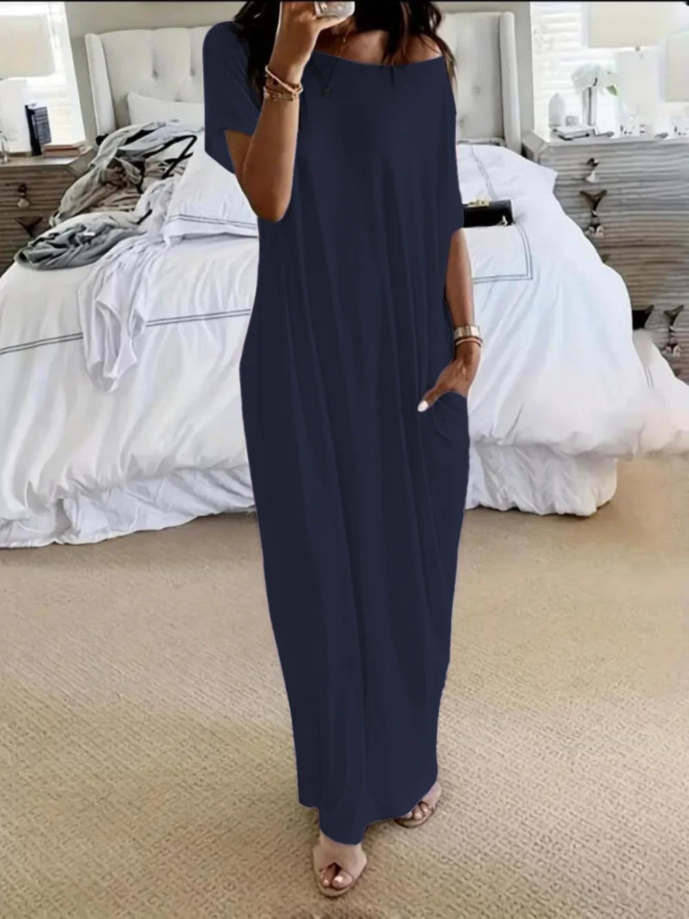 Casual Pure Color Short Sleeve Long Dress Women's Summer New Style Cross-Border TK Loose Waist Milk Fiber Straight Cut Dress