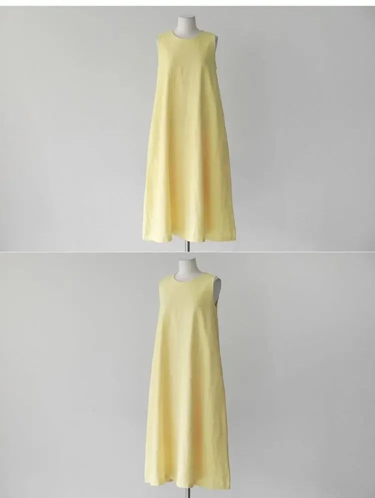Korean Fashion Women Dress Casual Round Neck Loose Solid Color Casual Big Swing Sleeveless Long Linen Lazy Style Vestidos