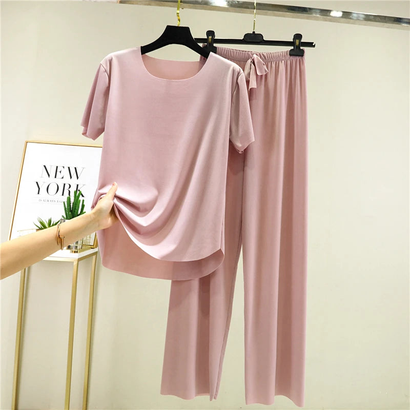 Women's Ice Silk Two-Piece Set - Round Neck T-Shirt and Loose Pants