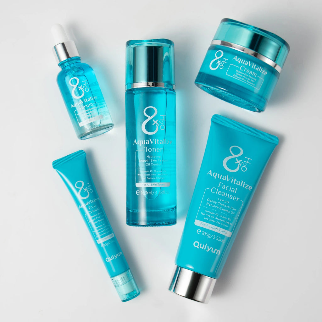 Quiyum 8X H2O AquaVitalize 5-Pcs Skincare Set Hydrating Daily Facial Care Kit Cleanser Toner Serum Eye Cream for All Skin