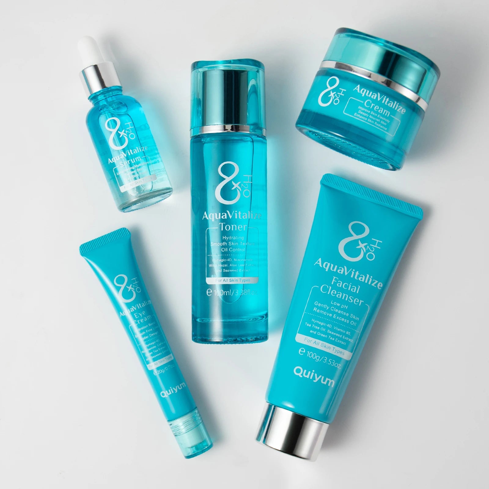 Quiyum 8X H2O AquaVitalize 5-Pcs Skincare Set Hydrating Daily Facial Care Kit Cleanser Toner Serum Eye Cream for All Skin