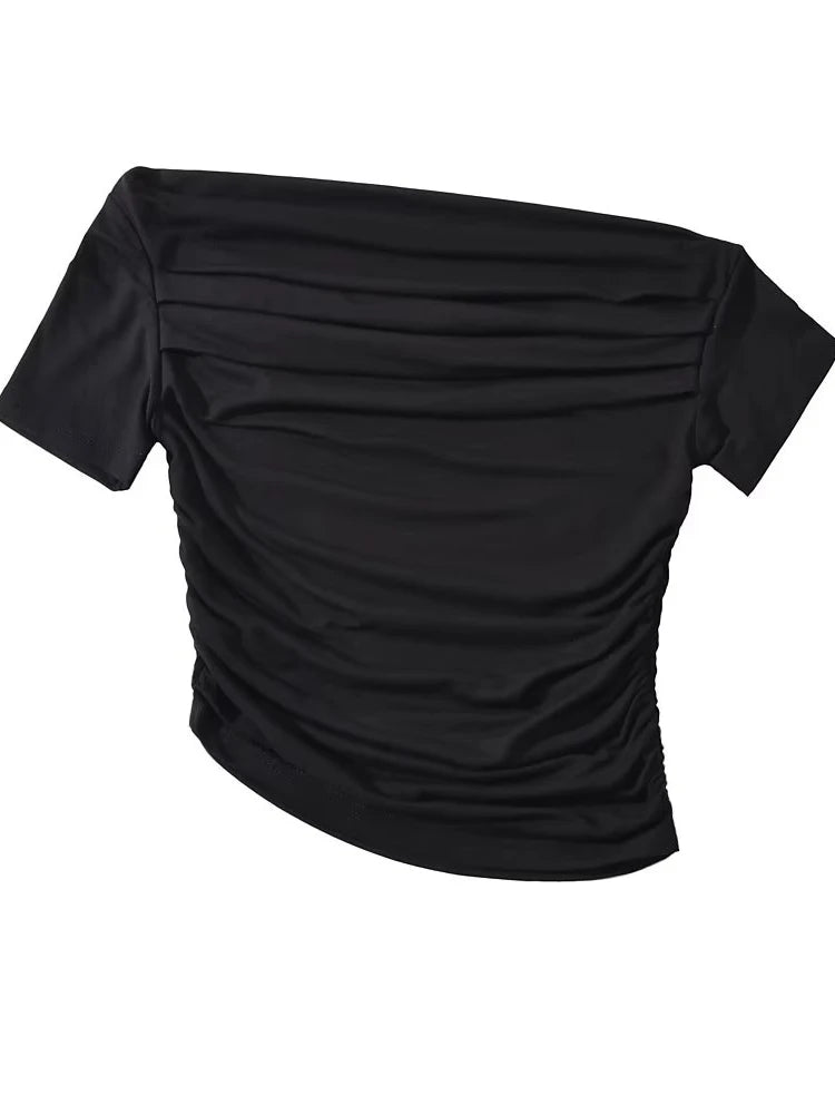 Sexy Spicy Girl Short Sleeve Slim Fit Pleated One Shoulder Base Shirt Street Snap Popular Thinming Street Snap Top for Summer
