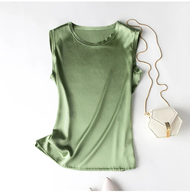 Heavy Silk Women's Sleeveless Top T-shirt Autumn Silk Top Silk Satin Bottom Top Solid Color T-shirts Satin Shirts for Women