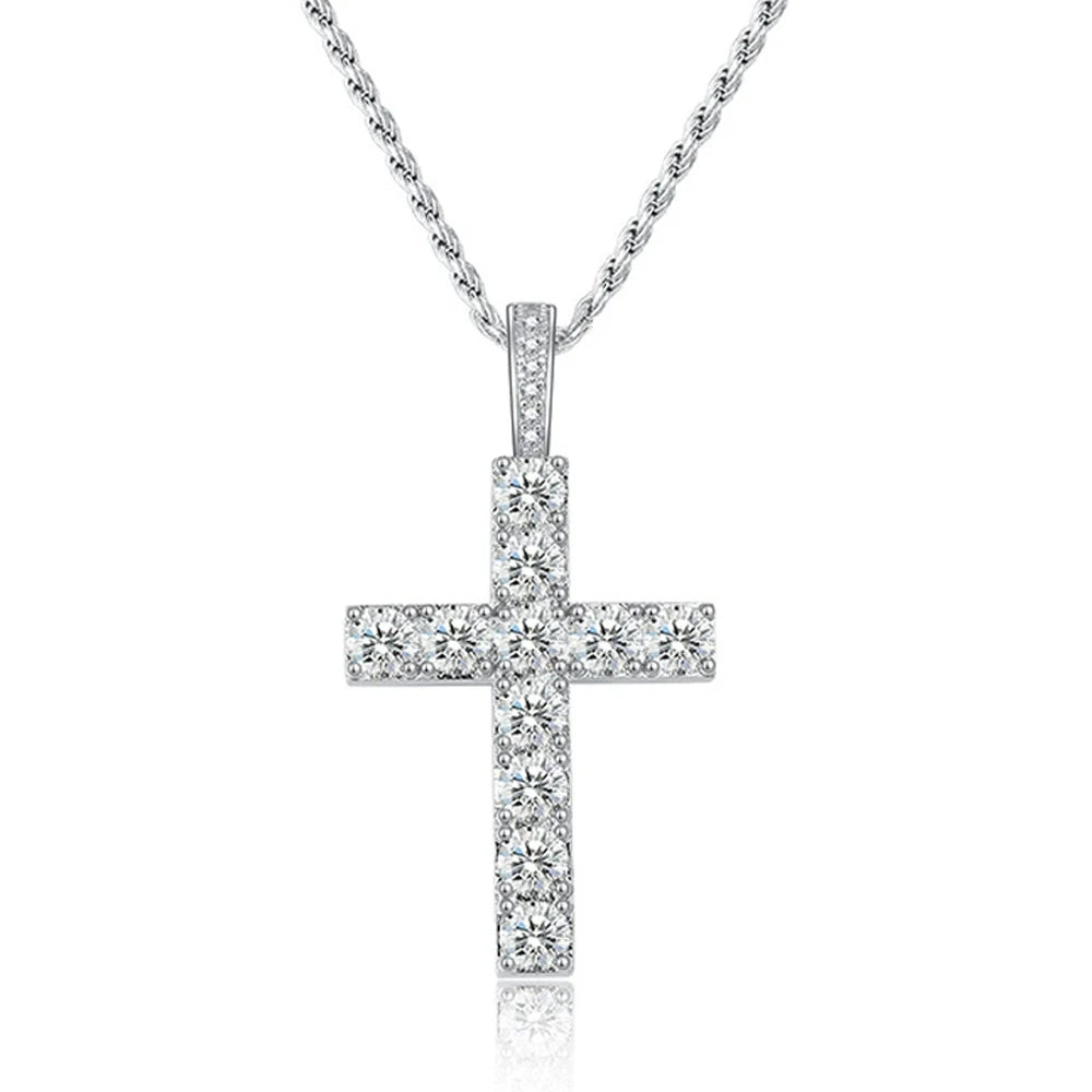 Knobspin 5.5Ct Moissanite Cross Necklace Solid S925 Sterling Silver 1.6Mm Rope Chain Necklaces For Women'S Man Christian Jewelry