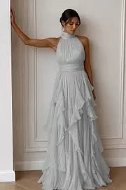 Women Mock Neck Sleeveless Tiered Ruffle Maxi Dress Draped Flowy Long Gown Formal Wedding Guest Evening Party Dresses