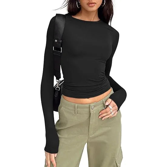 1pcs Woman Clothing Long Sleeve T-shirt Slim Fit Top Female O-Neck Knitted Sheath Tee Shirt Street Wear Sexy Sport Solid Tshirt