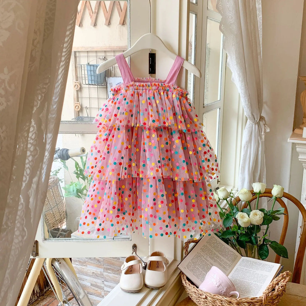 Baby Girl Princess Layered Tutu Dress Infant Toddler Child Sleeveless Suspender Dot Tulle Dresses for Casual Summer Baby Clothes