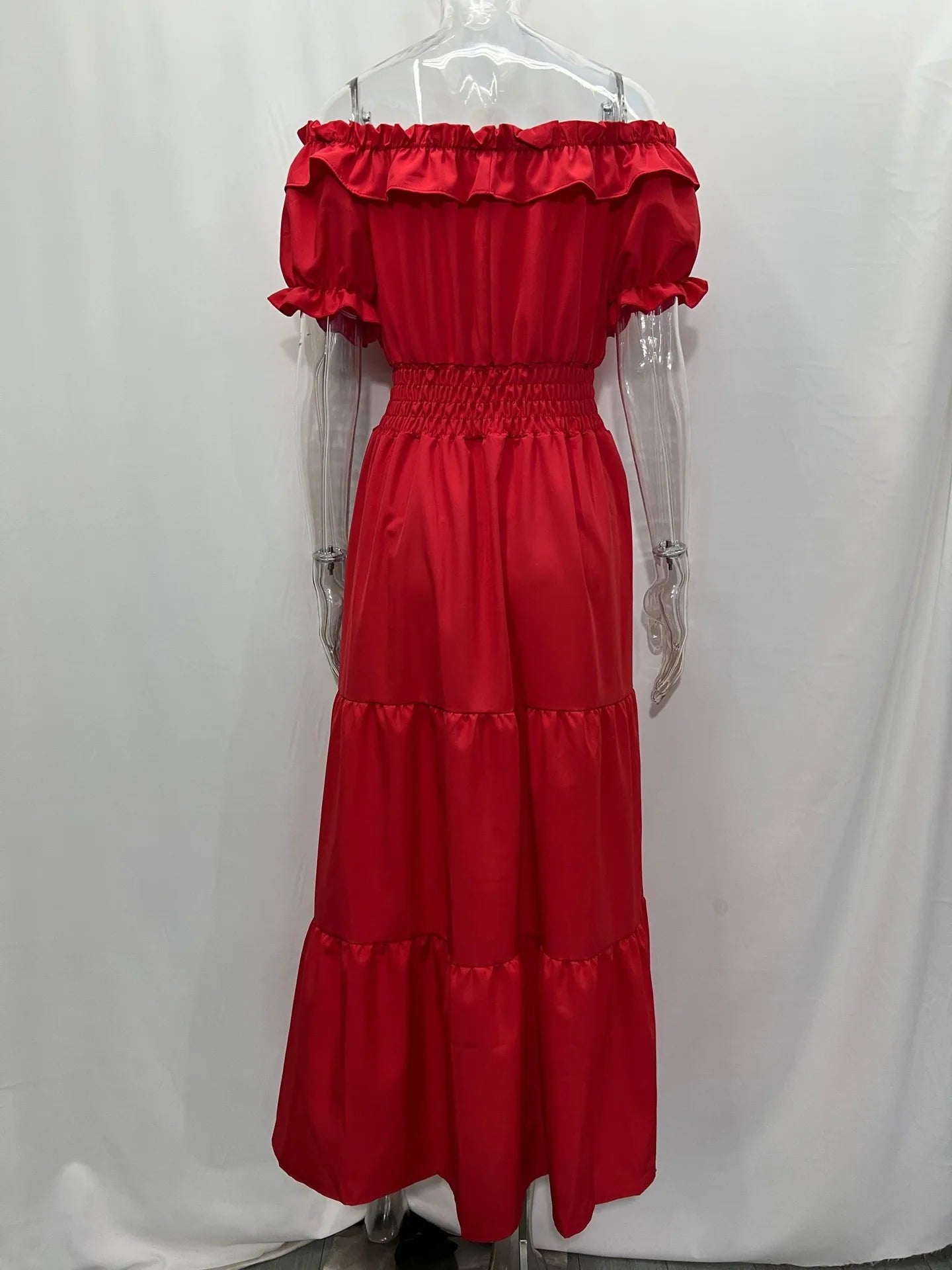 Summer Sexy Off Shoulder Slash Neck Ruffle Beach Party Dress Elegant Women Fashion Red Lace-up Pleated Holiday Long Dresses Robe