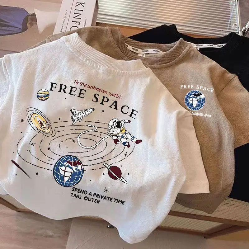 Kids Space Pattern T-Shirt Short Sleeve Crewneck Cotton Blend