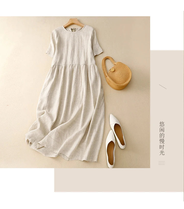 Korean Style Summer Fashion Solid Color Simple Basic Cotton Linen Dress for Women Good Quality Half Sleeve Elegant Frock Female