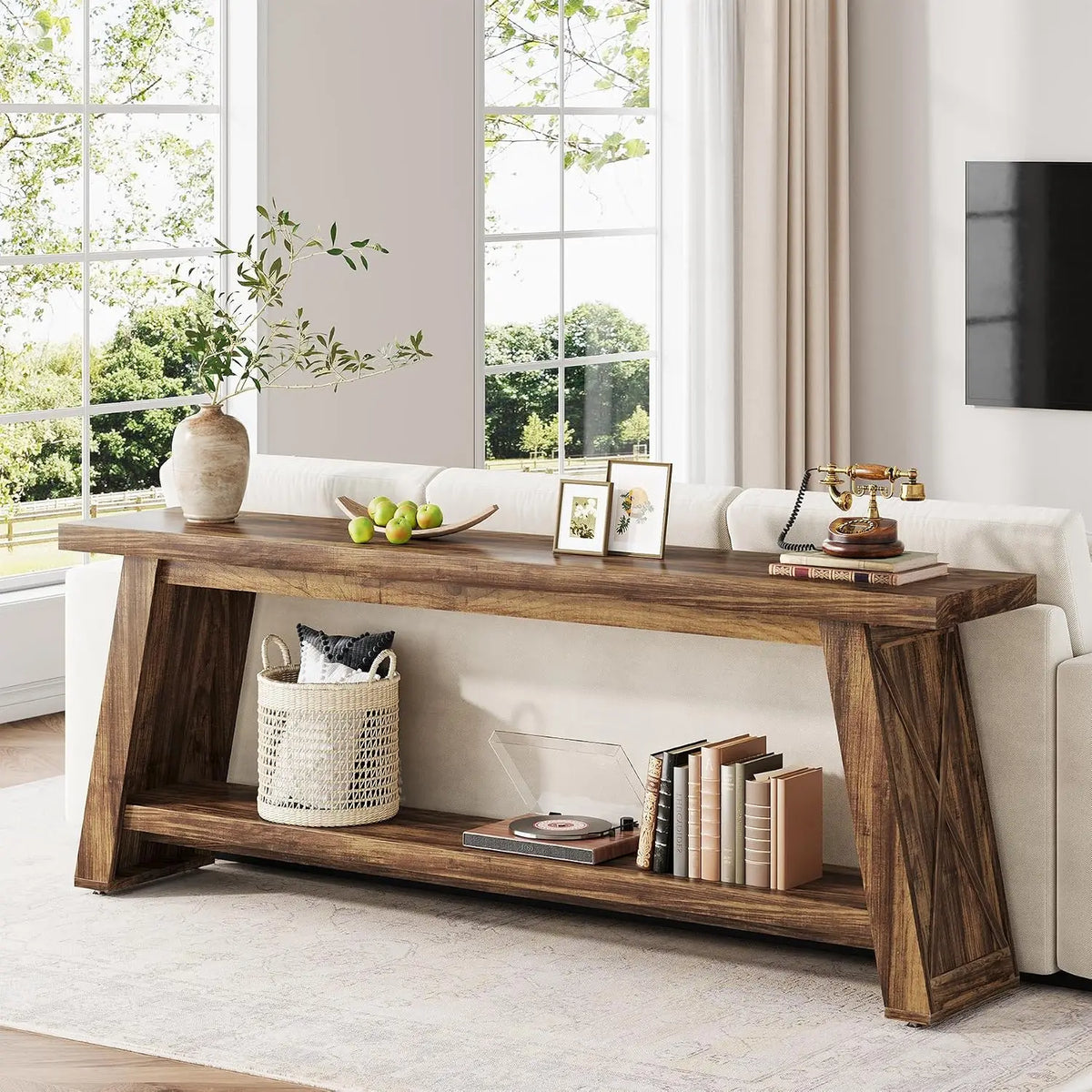 70.87" Extra Long 2-Tier Console Sofa Table - Rustic Brown Wood