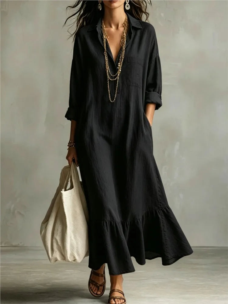 Women's Button Down Long Sleeve Shirt Dress - Loose Casual Ruffled