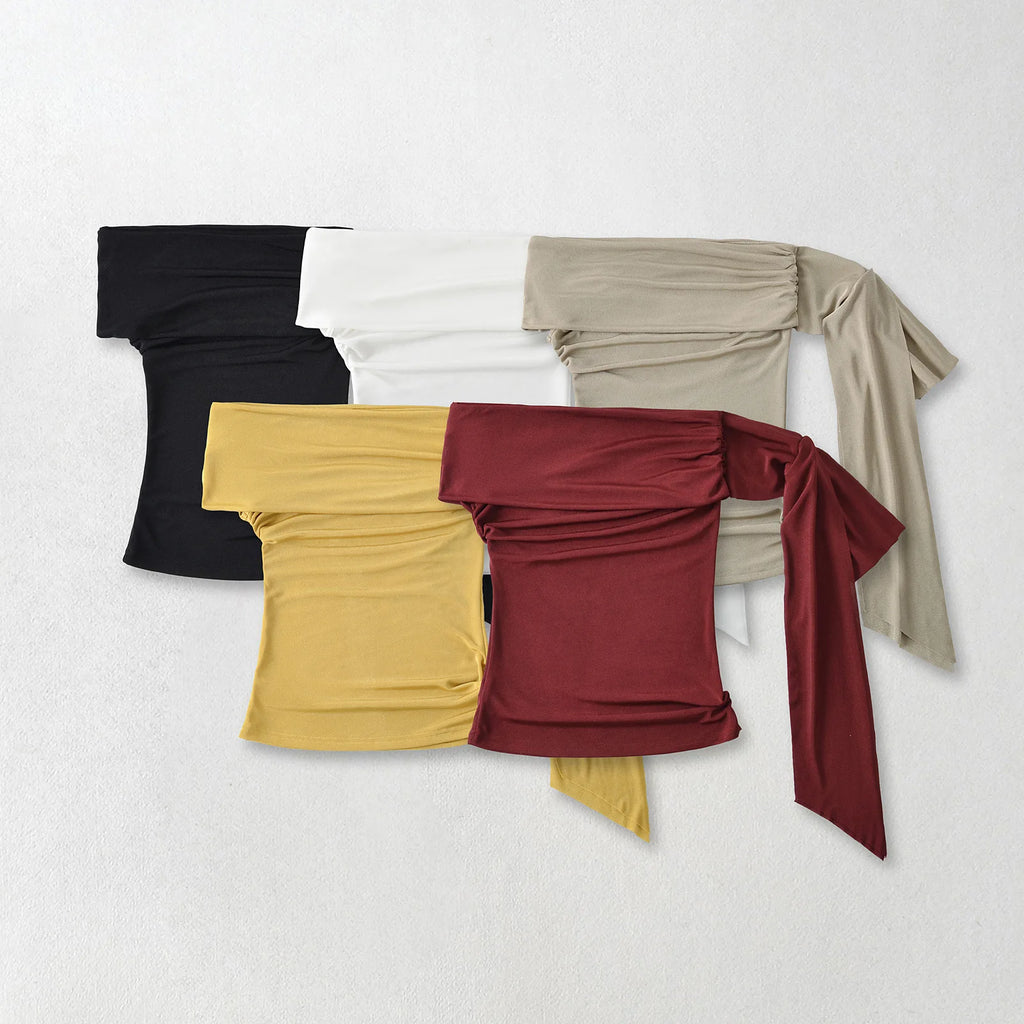 Sexy Pure Desire Short Sleeve T-Shirt Women's Spicy Girl Sash One Shoulder Tube Top Short Length Slim Fit Casual Noble