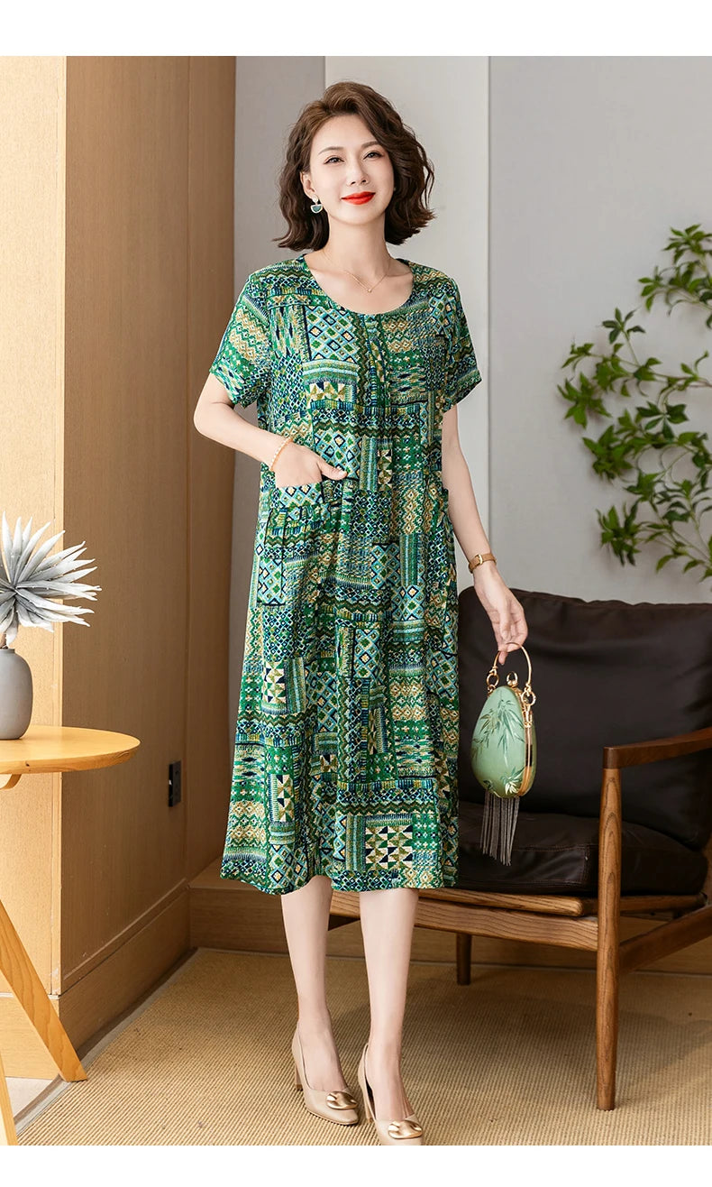 New 2025 Summer Dress Long Vintage Loose Women Elegant Sundress Dress Casual O-neck Dresses Print Plus Size