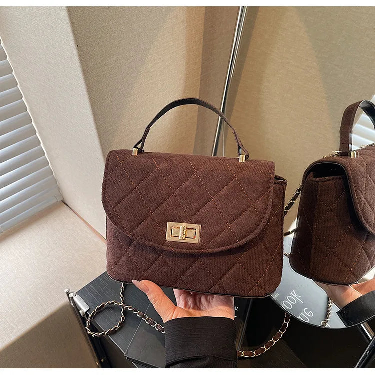 Diamond Grid Chain Crossbody Bag One Shoulder Purse Trendy Flip Top Clutch Women's Fashion Suede Leather Casual Shoulder Bag