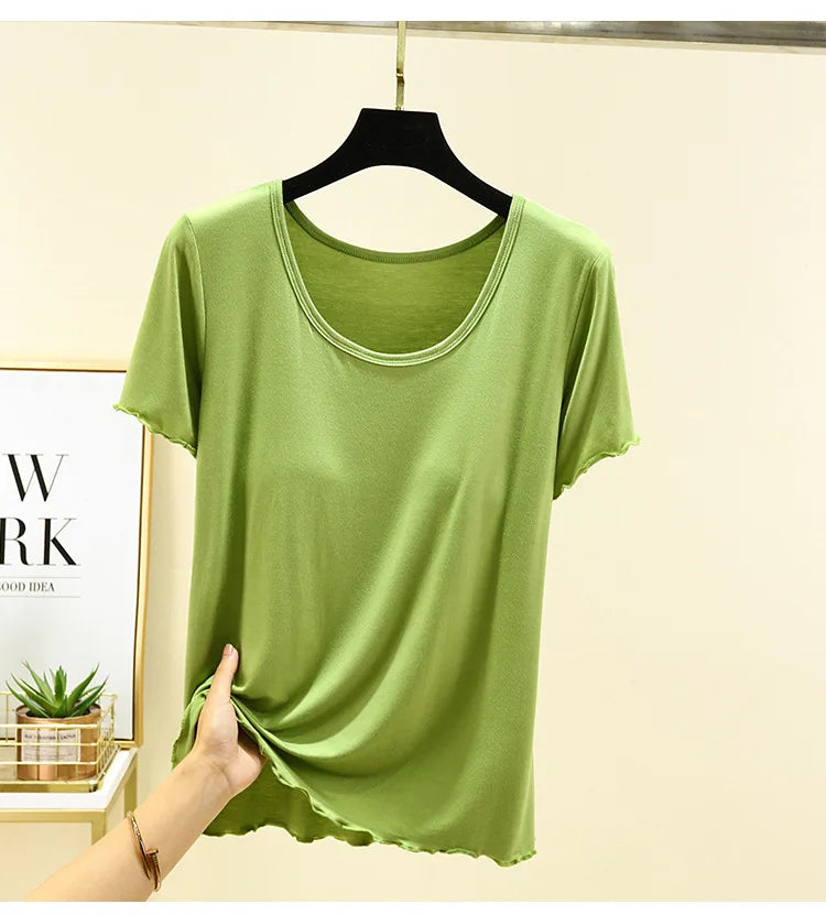 Modal No- Bra T-Shirt One-Piece Short Sleeve Women Summer Wear Casual Solid Color Base Layer Outdoor Wear round Neck T-Shirt