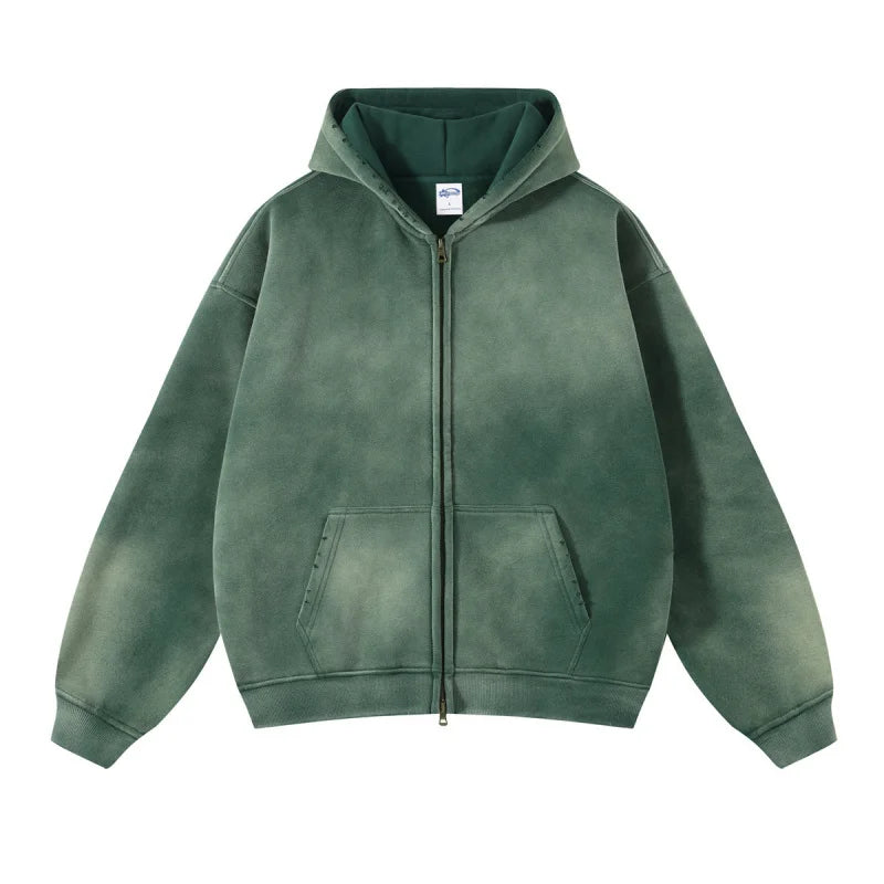 Maqvob European And American High Street Autumn Tie Dye Washed Vintage 360G Fleece Lined Double Zip Puller Sweatshirt Hoodie