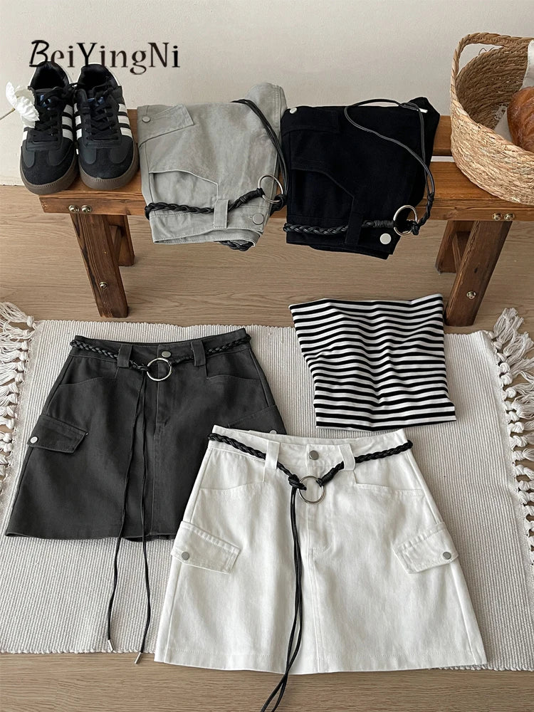 Beiyingni American Style Women's Short Denim Skirt Belt Vintage Fashion Summer High Waist A-line Skirts Female Streetwear Skirt