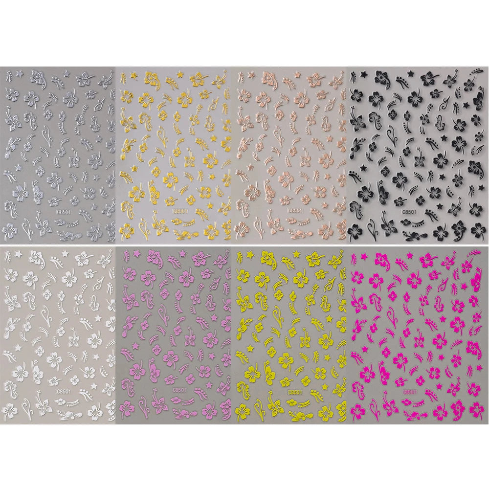 1 pieza 3D pegatinas de hibisco para uñas, flores blancas y negras, pétalos, calcomanías adhesivas, deslizadores florales rosas y dorados para decoración de uñas