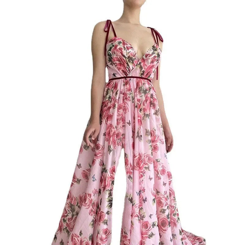2024 New Vintage Printed Long Dress Sexy Tank Dress Beach Casual Vacation For Women Fashionable Sleeveless Design
