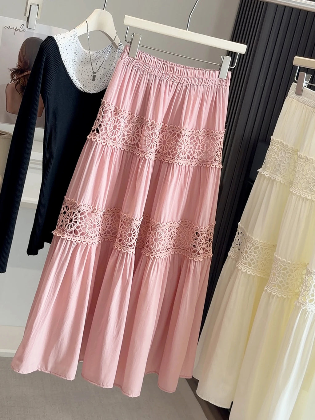 Korean-Style White Cake-Tier Skirt Women's Spring/Summer New Arrival Lace Cutout Patchwork Cotton Elegant Midi Skirt