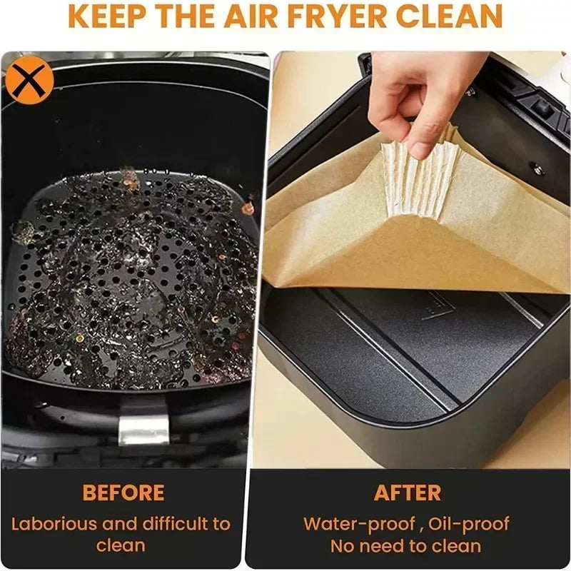 50/30 Piezas Accesorios de Cocina Papel para Freidora de Aire Utensilios de Cocina Desechables Cuadrados Redondos Moldes para Repostería Bandeja para BBQ Almohadilla Antiadherente