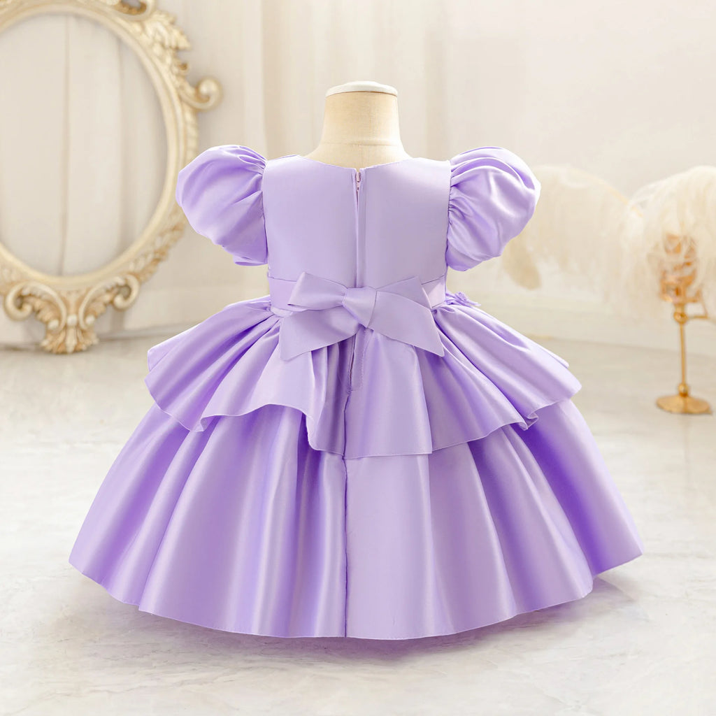 HETISO Baby Girls Appliques Flower Solid Satin Princess Fashion Dresses Ball Gown for Party Birthday New Year 6M-4 Years