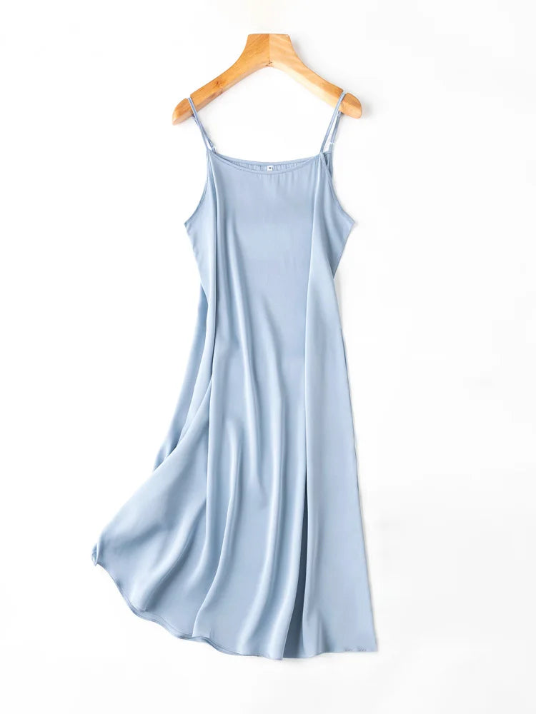 SuyaDream Women Silk Dress 93%Silk 7%Spandex Spaghetti Strap Mid Dresses 2024 Summer New Clothes Blue