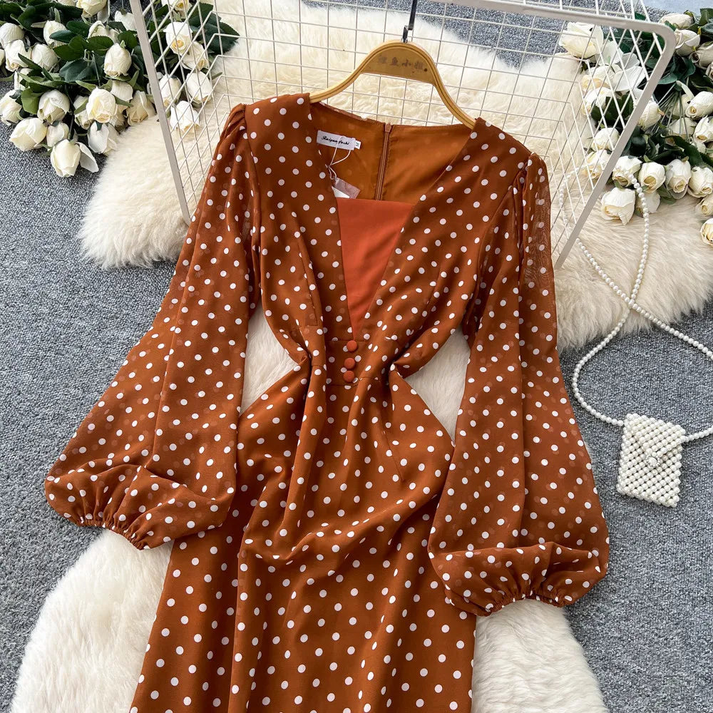 Long Dress Women Dresses Print Dot Vestidos Y2k Streetwear V Neck Lantern Sleeve Tight Waist Elegant Party Work 2026 Summer
