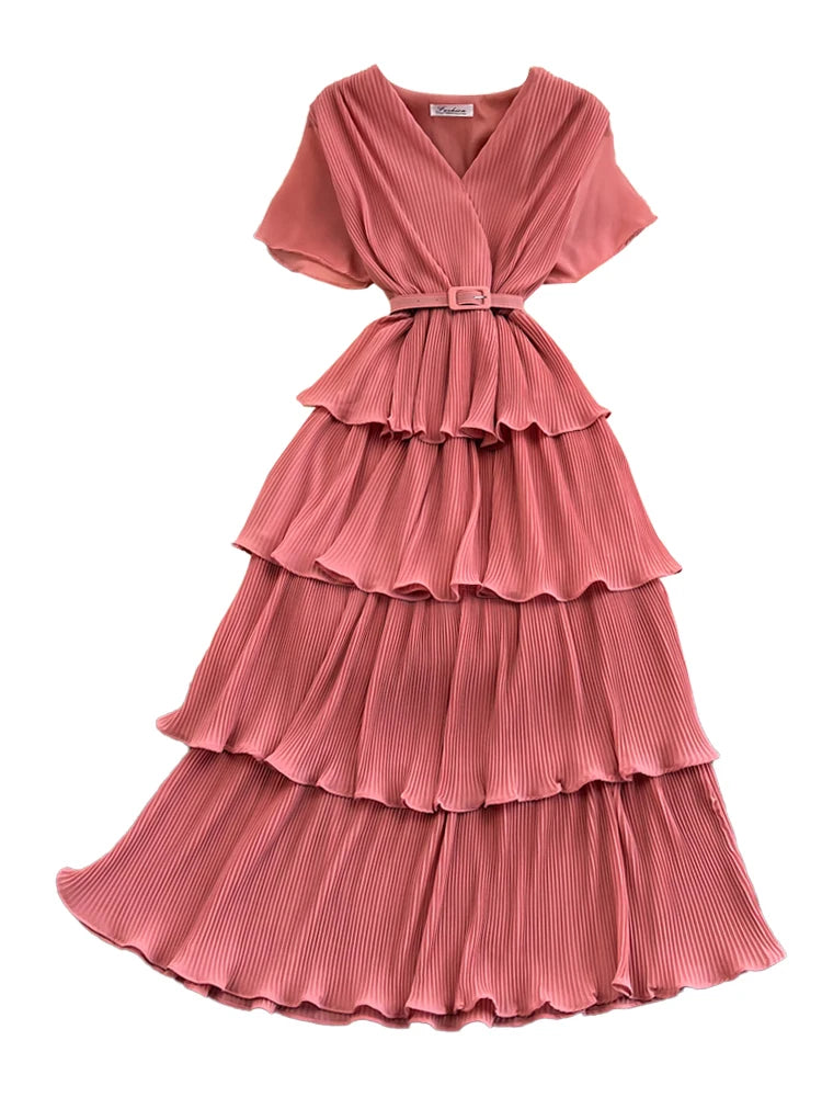 Beach Vaion Vintage Women's V-ne High-waist Cake Dr Ele Aosphere Maxi Skirt Loose Fit ort Sve Ci Commute