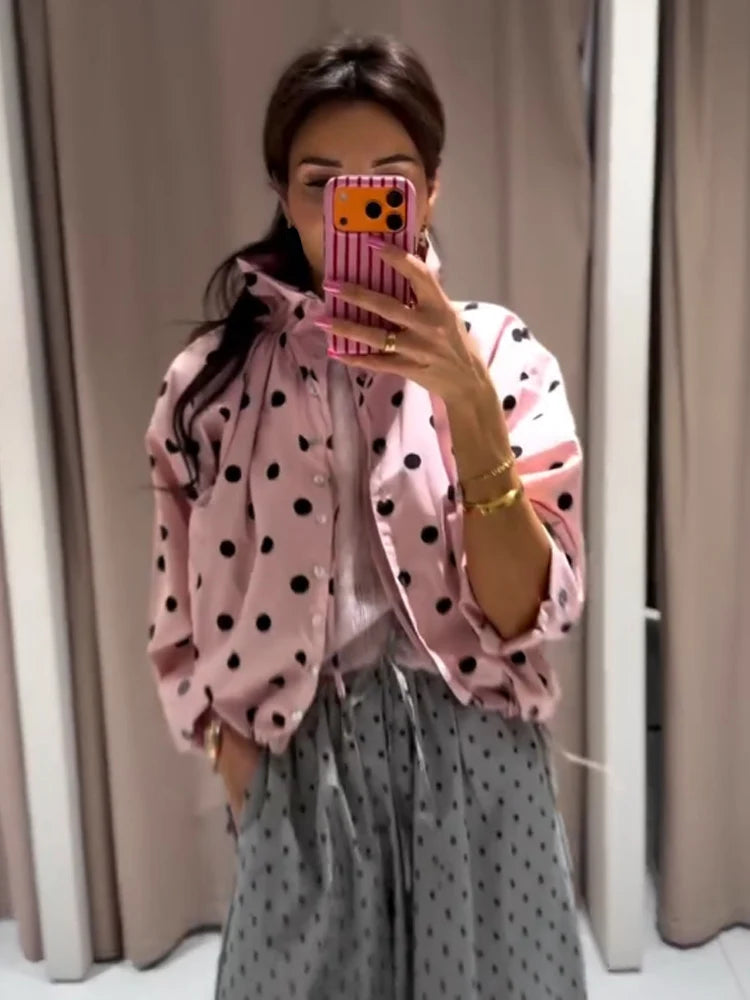 Woman Long Sleeve Pink Polka Dot Jacket Fashion Single Breasted High Collar Short Coat Women Spring Casual High Street Jacket