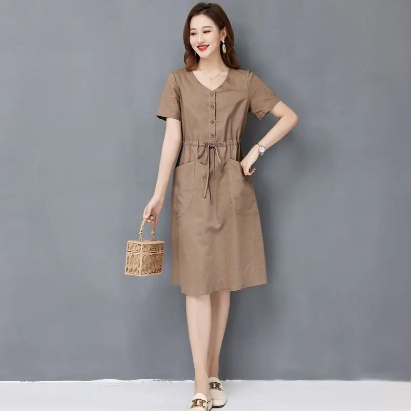 Elegant Cotton and Linen Women's Dress Draw String High Waist Breathable Midi Dresses Half Sleeve V-Neck A-Line Dress Summer