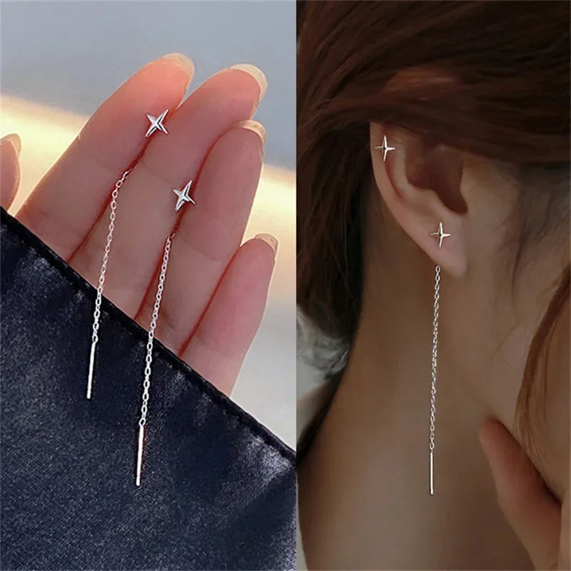 Rose Gold Threader Drop Earrings for Women Long Hanging Zircon Crystal Piercing Jewelry