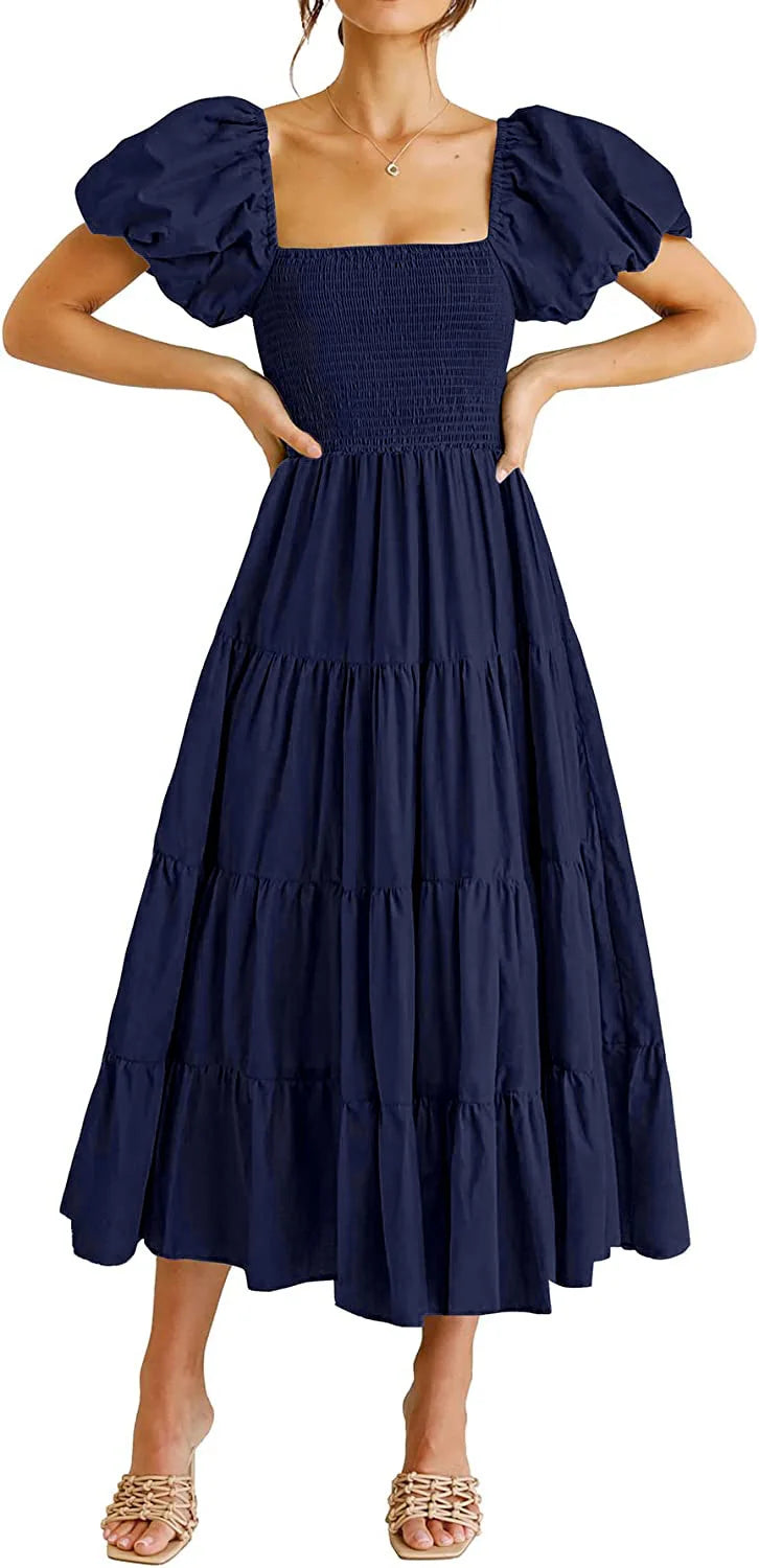 2026 Spring Summer Elegant Women's Long Dress Fashionable Solid Color Square Neck Puff Sleeve Pleated Slim Fit Loose Hem Dress