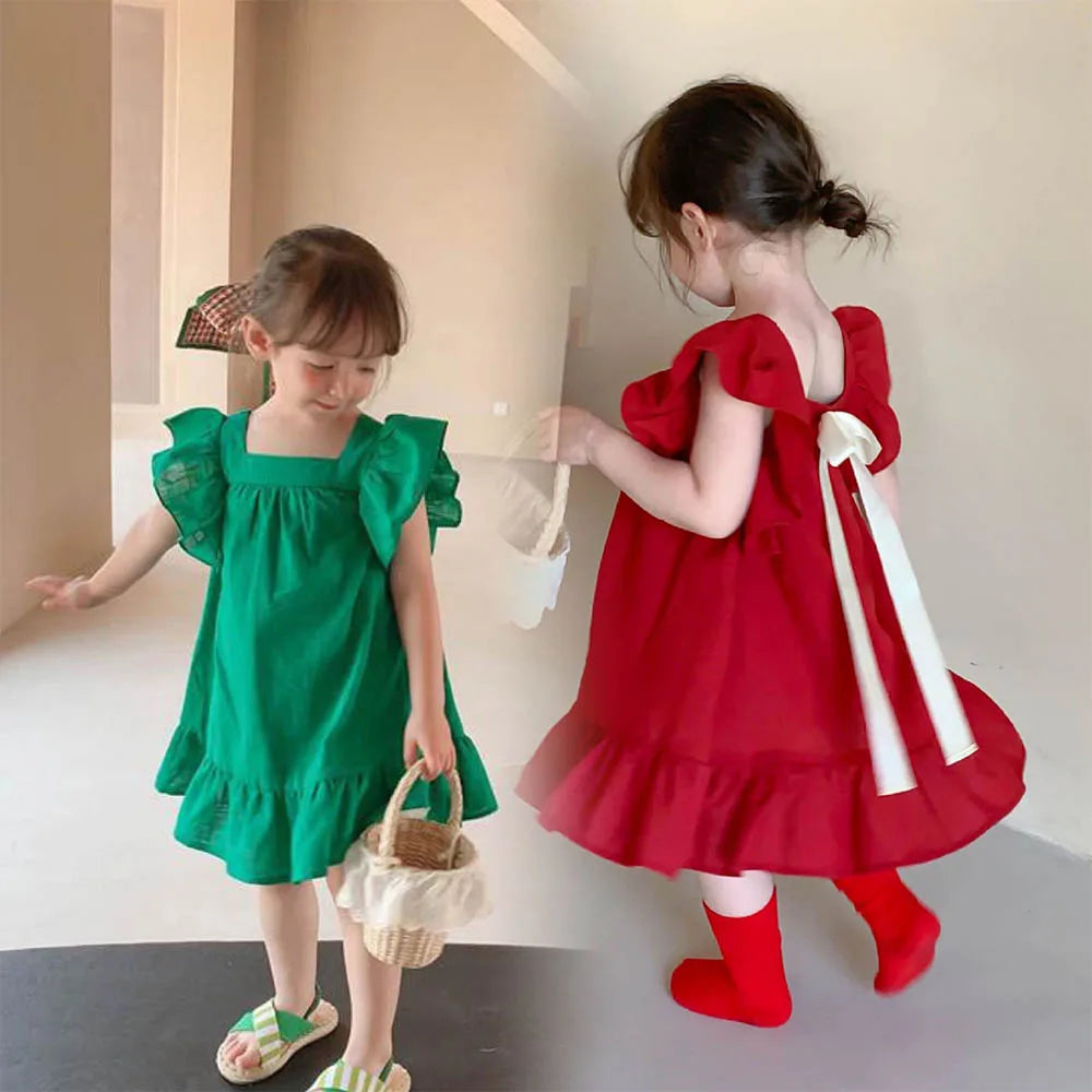 Bear Leader Summer Flying Sleeve Dress For Girls With Ruffle Back Bowknot A Line