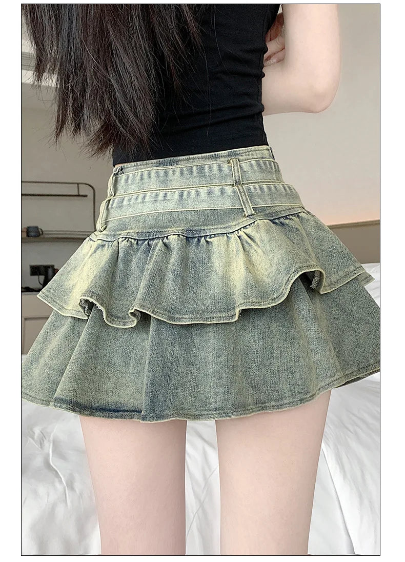 American Pure Desire Spicy Girl Design Elastic Denim Skirt Half-length Pleated Cake Skirt Short Commute High Elasticity