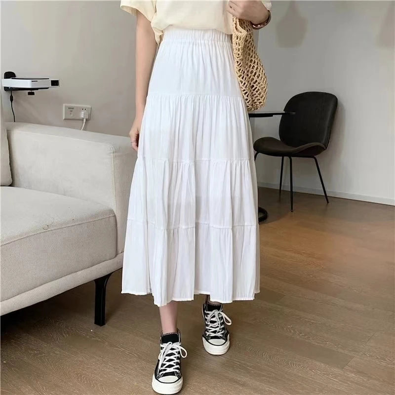 Spring Summer Women'S Skirts Vintage High Waist Elastic Patchwork White Black Chic Long Cake A-Line Skirt