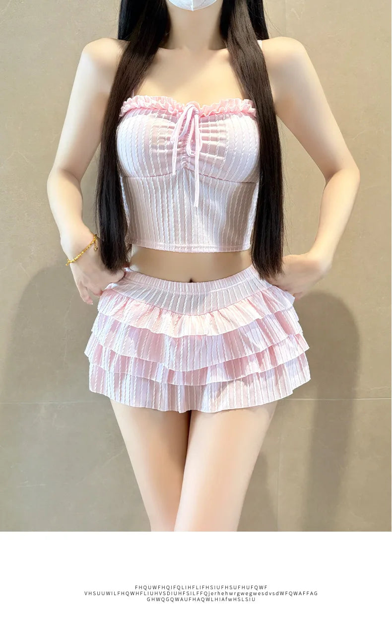 Summer 2 Piece Skirt Set Women Tube Top Tie Front Ruffle Mini Skirt Y2K Cute Holiday Beachwear