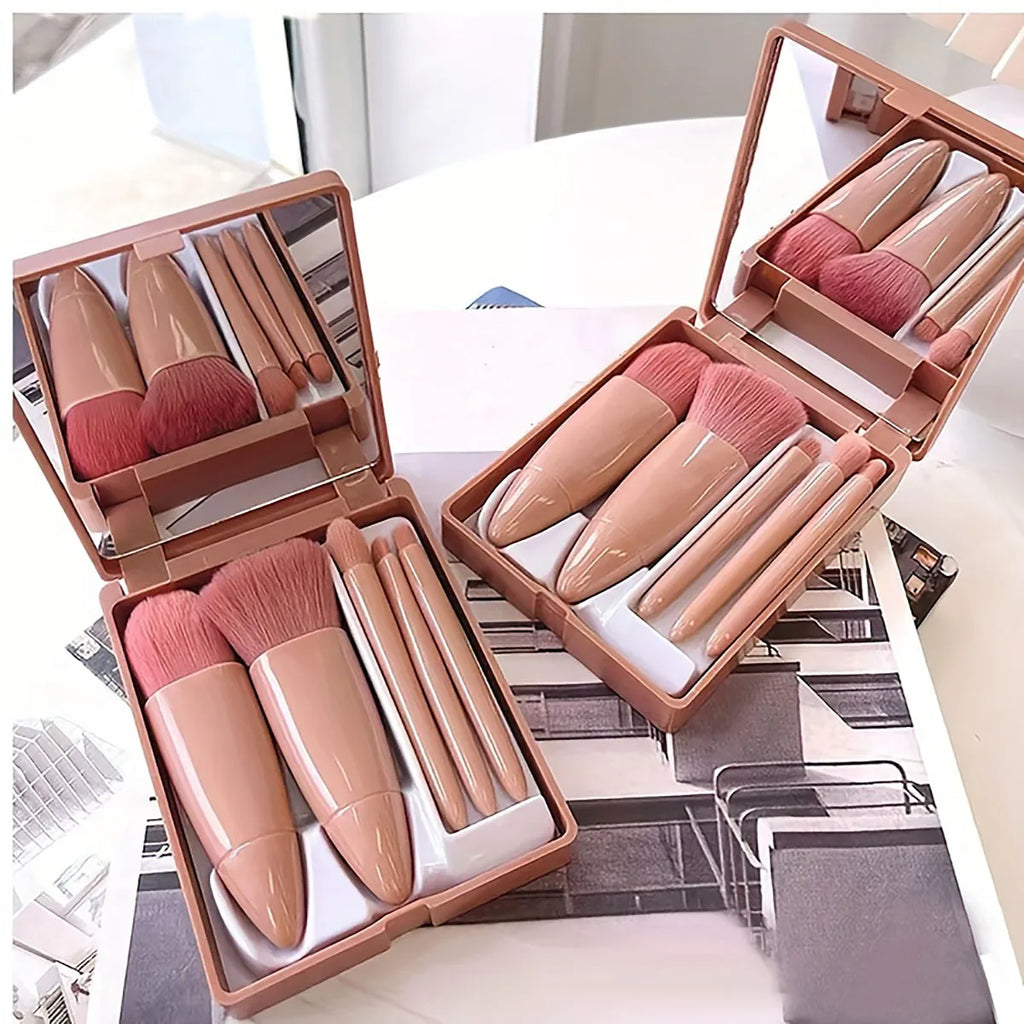 Liplns 5-Piece Portable Makeup Brush Set with Mirror - Travel Kit