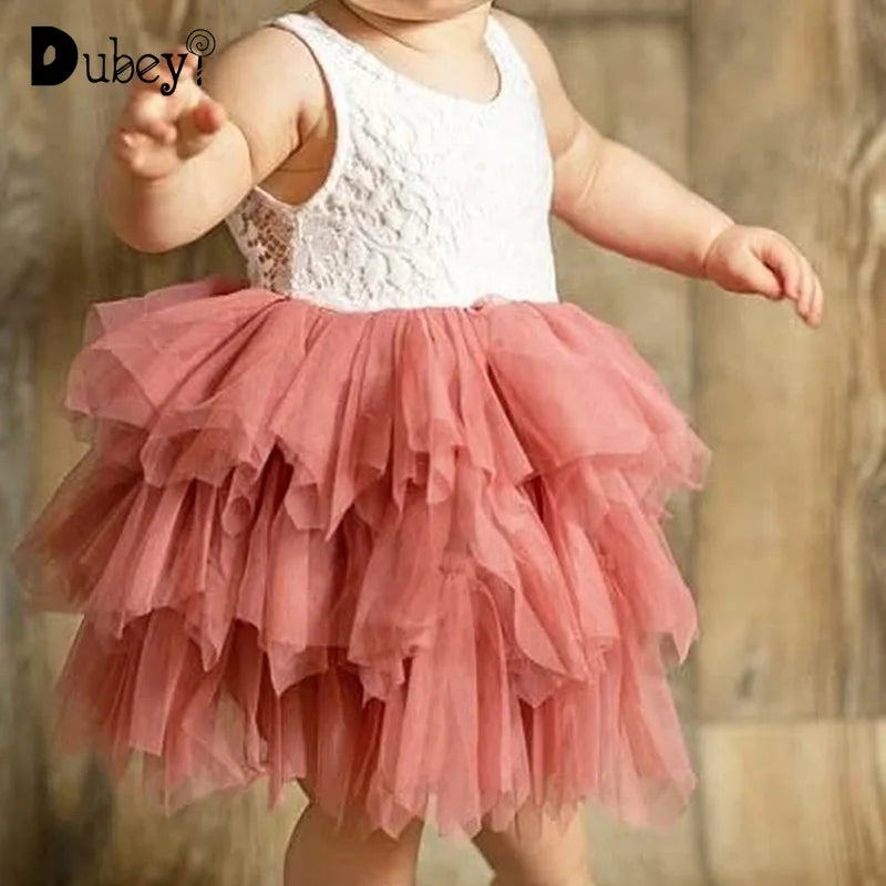 Flower Girl Bridesmaid Dresses Little Girl Layered Lace Tulle Dress Elegant Festival Princess Dress Sleeveless Clothes
