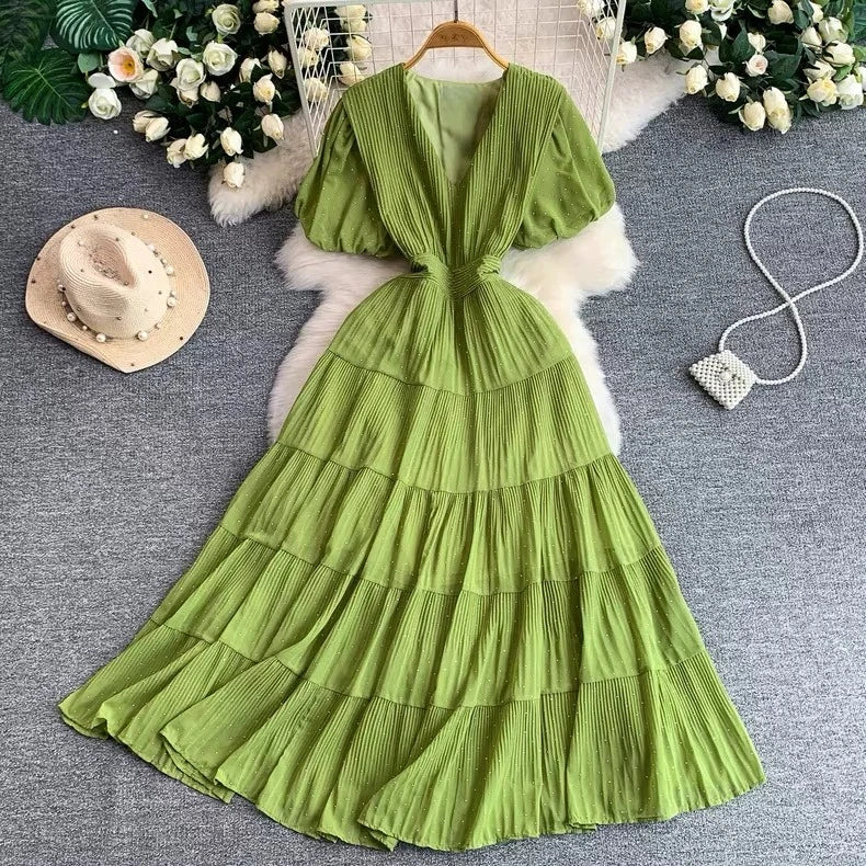 Summer Polka Dot Woman Elegant Dress Fashion V Neck Puff Sleeve Vestidos Korean A-Line Pleated Dresses 2026 Vestidos De Mujer