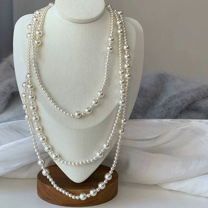 Vintage Long Multi Layered Pearl Necklace for Women Elegant Sweet Collar Chain Sweater Chain Necklaces Luxury Jewelry Gifts